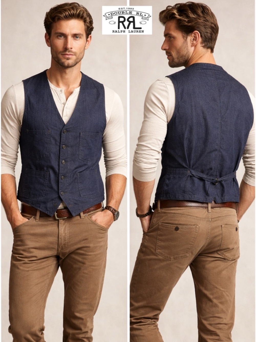 RRL Double RL Ralph Lauren Indigo Twill Vest XL NWT Wool Linen Cotton Cinch Back